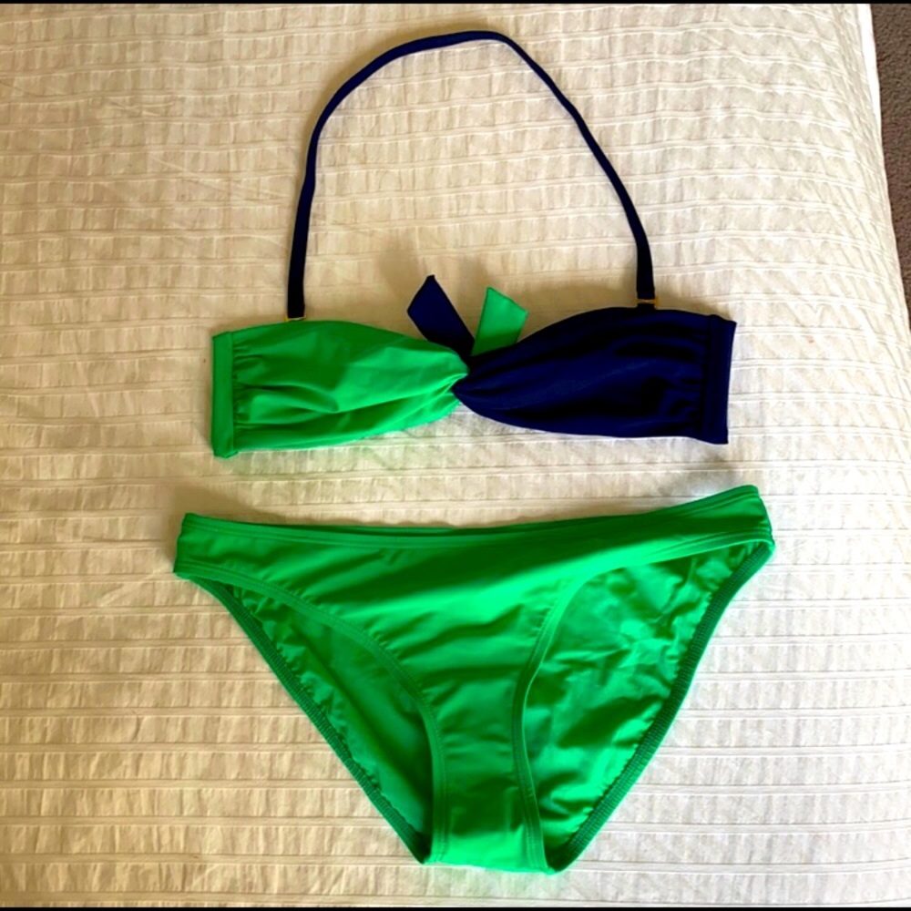 LN Tory Burch Navy/Green Bandeau Bikini Set Small